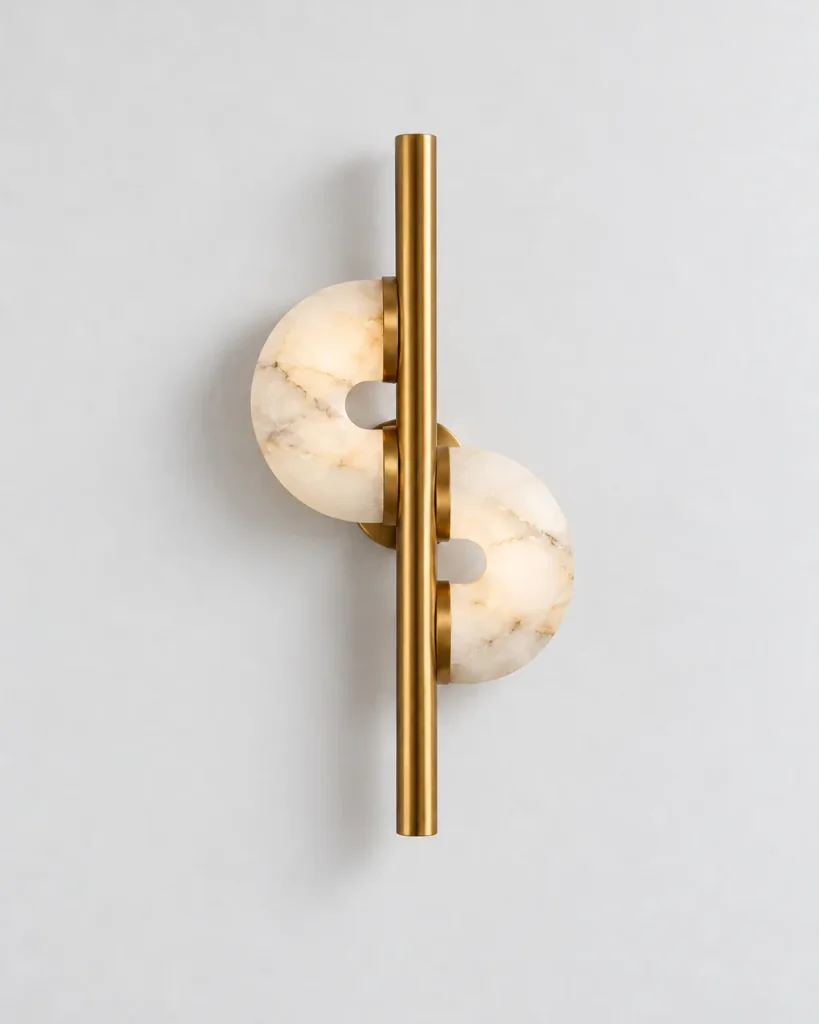 Wandlampe DUMPO, zwei Alabaster-Halbscheiben am Metallstab, LED – Gold, Produktfoto