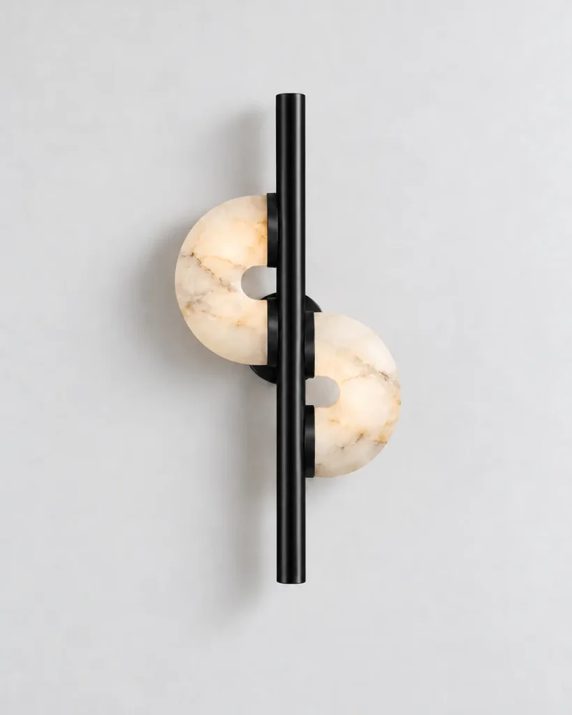 Wandlampe DUMPO, zwei Alabaster-Halbscheiben am Metallstab, LED – Schwarz, Produktfoto
