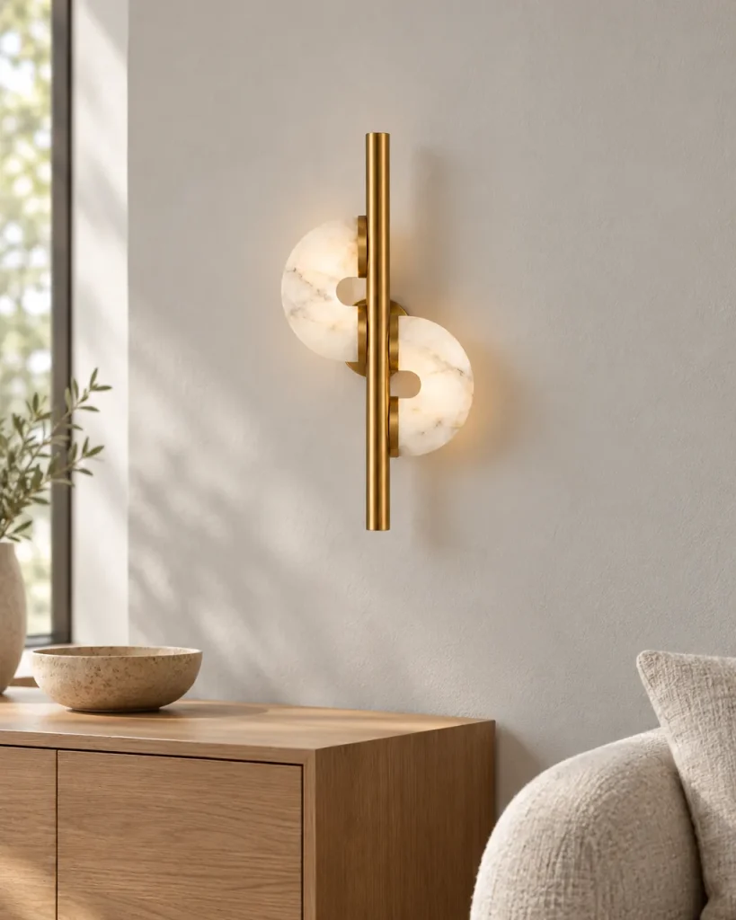 Wandlampe DUMPO, zwei Alabaster-Halbscheiben am Metallstab, LED – im Wohnzimmer über einem Holz-Sideboard, Tageslicht