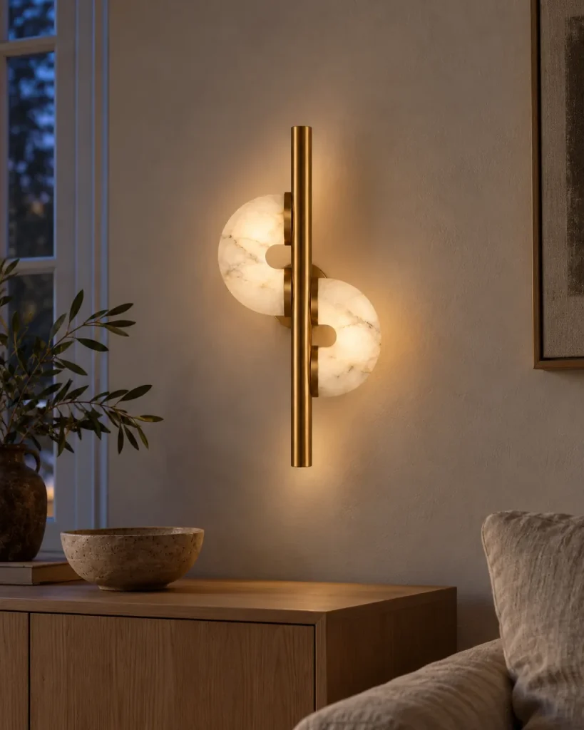 Wandlampe DUMPO, zwei Alabaster-Halbscheiben am Metallstab, LED – im Wohnzimmer über einem Holz-Sideboard, Abendlicht