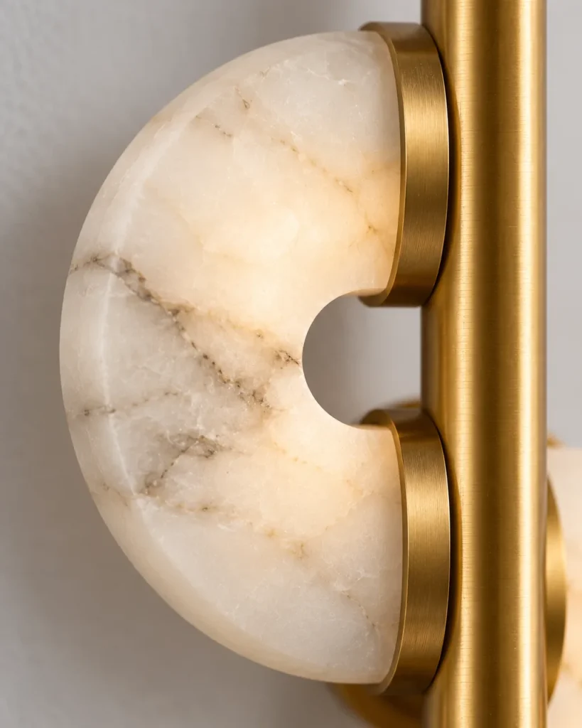 Wandlampe DUMPO, zwei Alabaster-Halbscheiben am Metallstab, LED – Detailansicht der Alabaster-Halbscheibe und der goldenen Halterung