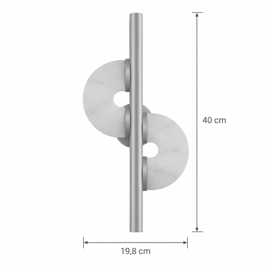 Wandlampe DUMPO, zwei Alabaster-Halbscheiben am Metallstab, LED – Masszeichnung 40 × 19,8 cm