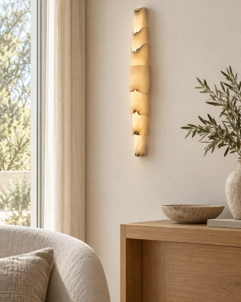 Wandlampe INDA, Alabaster-Kaskade aus versetzten Elementen – im Wohnzimmer über einer Holzkonsole, Tageslicht