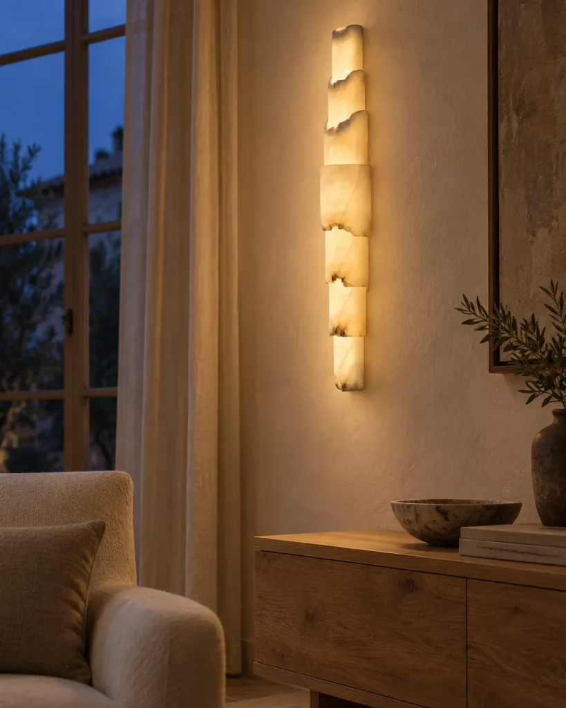 Wandlampe INDA, Alabaster-Kaskade aus versetzten Elementen – im Wohnzimmer über einem Holzsideboard, Abendlicht