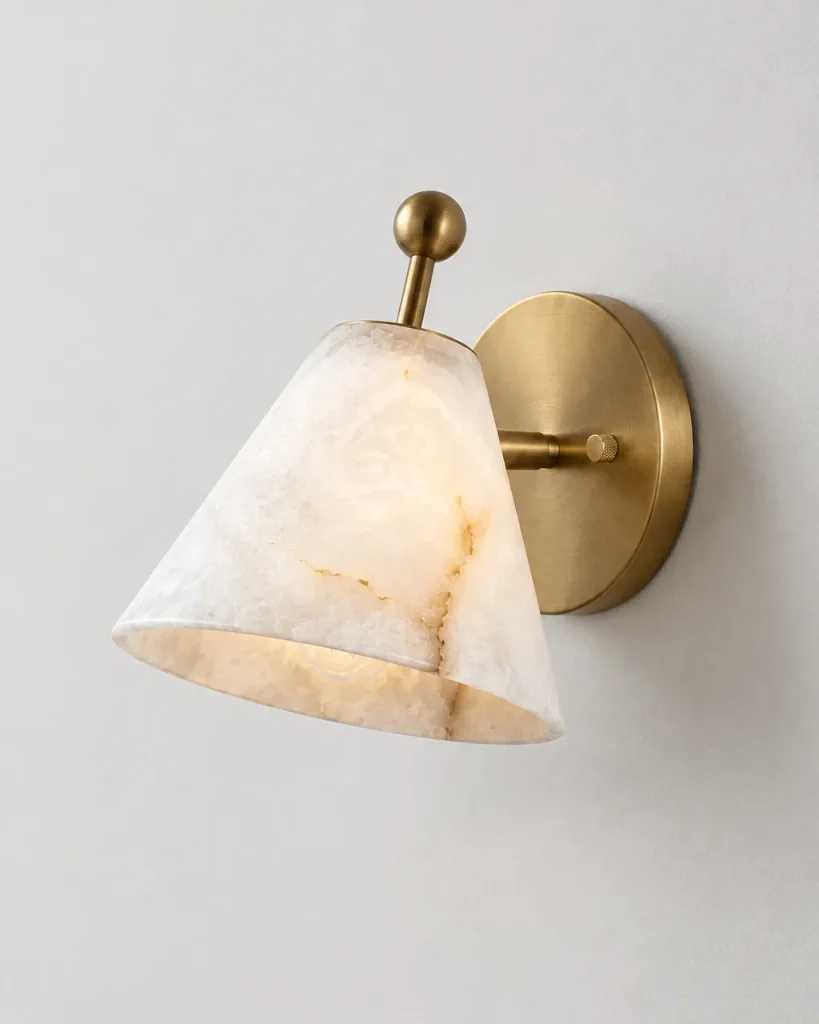 Wandlampe ARZI, Alabaster-Leuchte mit Kegelschirm – Messing, Produktfoto