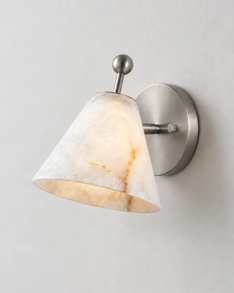 Wandlampe ARZI, Alabaster-Leuchte mit Kegelschirm – Nickel, Produktfoto