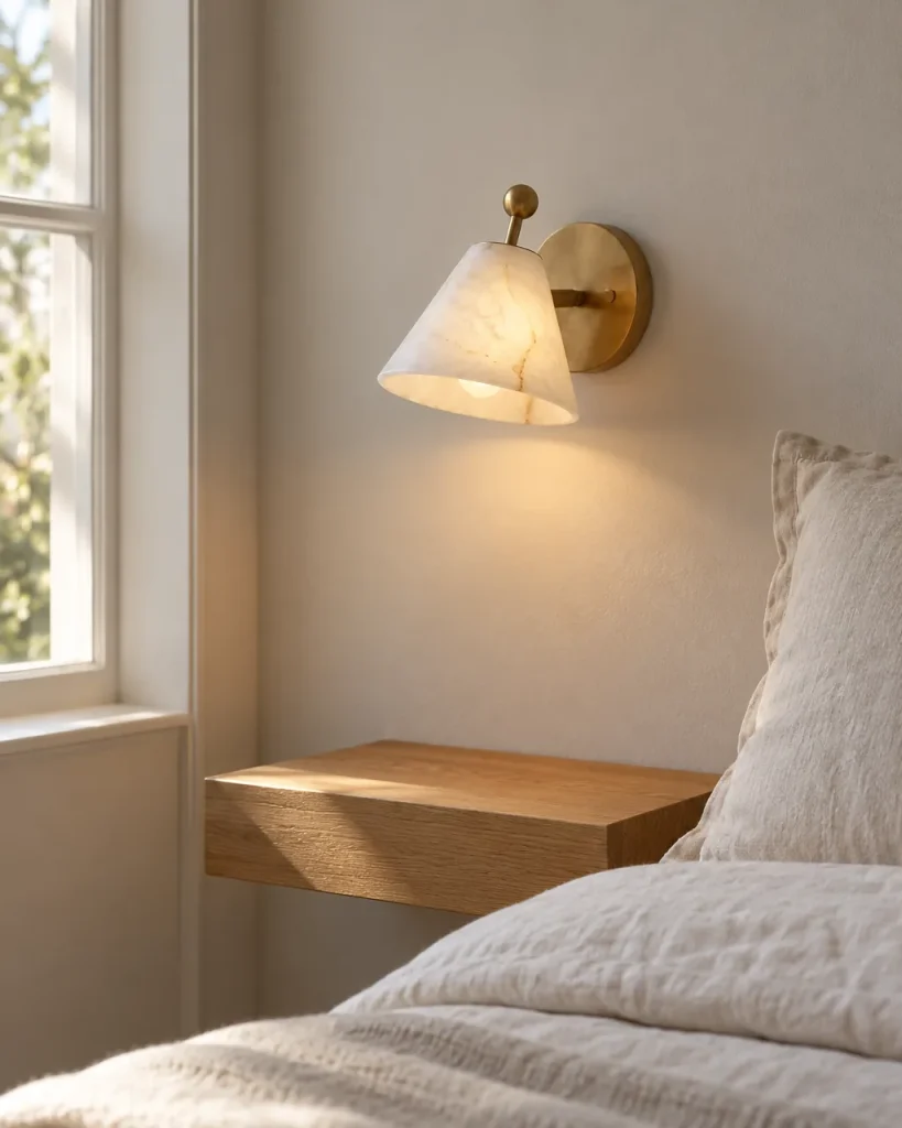 Wandlampe ARZI, Alabaster-Leuchte mit Kegelschirm – im Schlafzimmer über einem Wandregal, Tageslicht