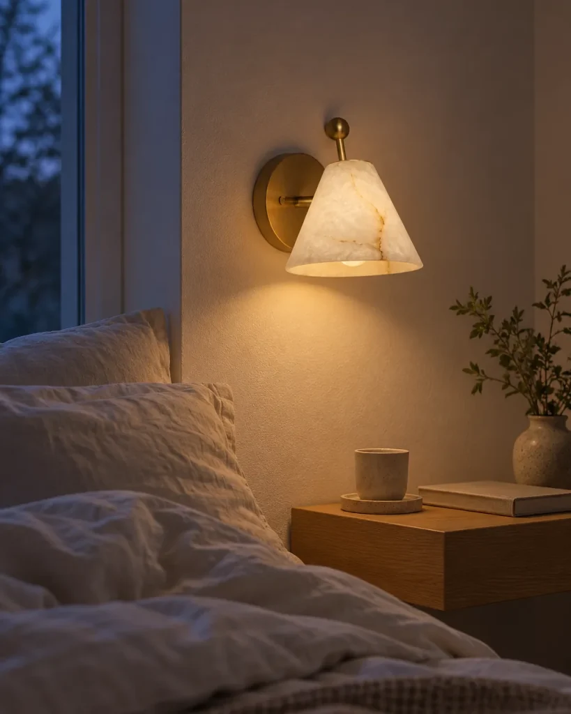 Wandlampe ARZI, Alabaster-Leuchte mit Kegelschirm – neben dem Bett über einem Nachttisch, Abendlicht