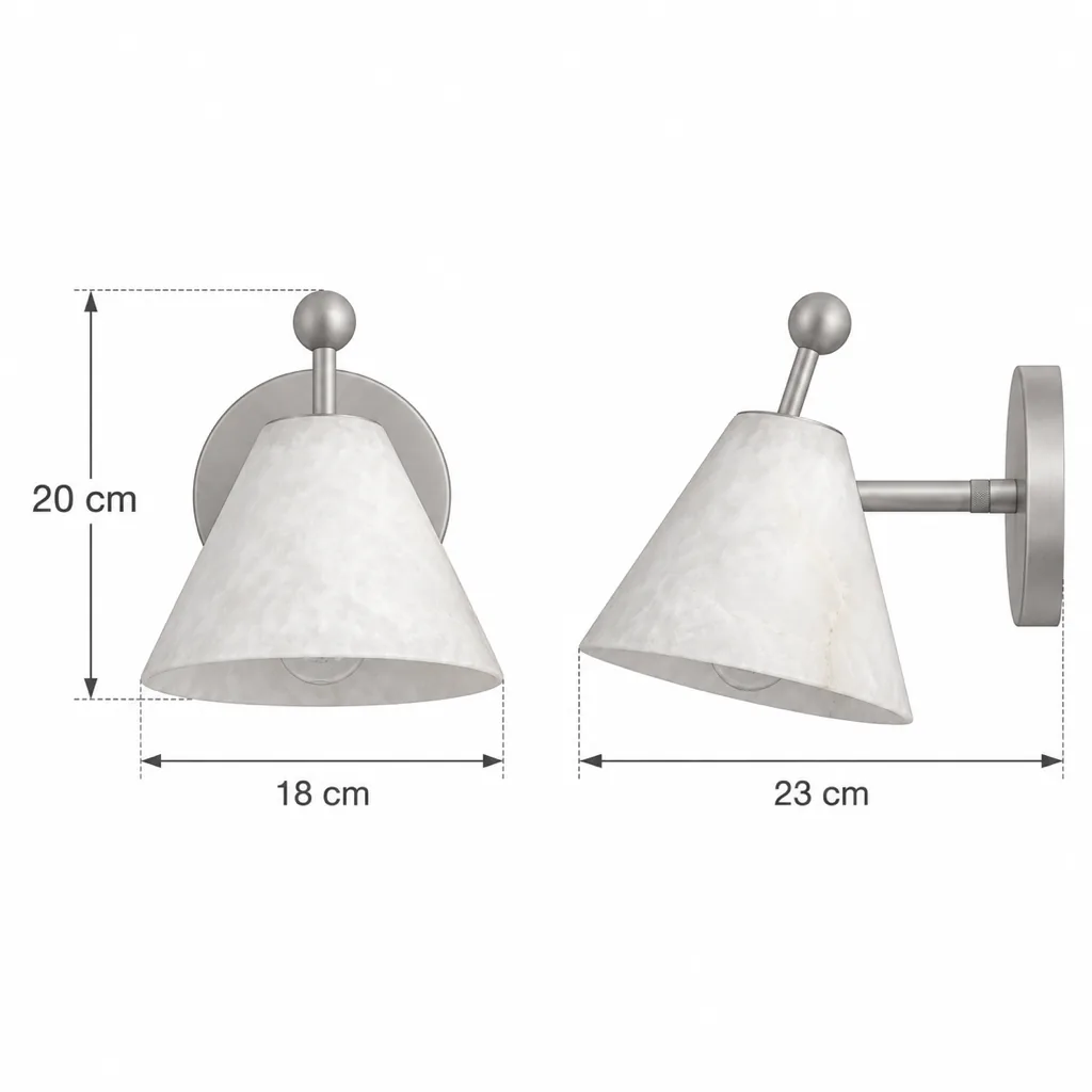 Wandlampe ARZI, Alabaster-Leuchte mit Kegelschirm – Masszeichnung 20 cm hoch, 18 cm breit, 23 cm Ausladung