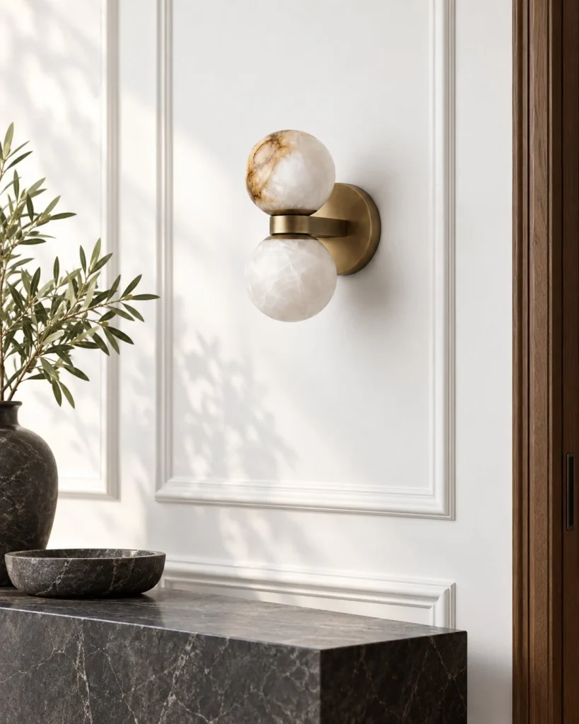 Wandlampe ANTHAS, kompakte Alabasterkugel mit Messinghalter – Alabaster im Wohnraum
