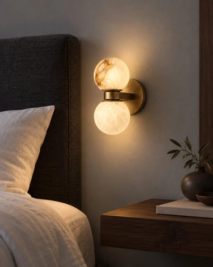 Wandlampe ANTHAS, kompakte Alabasterkugel mit Messinghalter – Alabaster in abendlicher Wohnatmosphäre