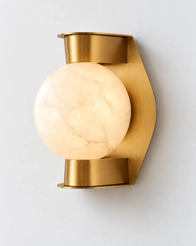 Wandlampe BUDI, Alabasterkugel im Metallrahmen – Gold, Produktfoto
