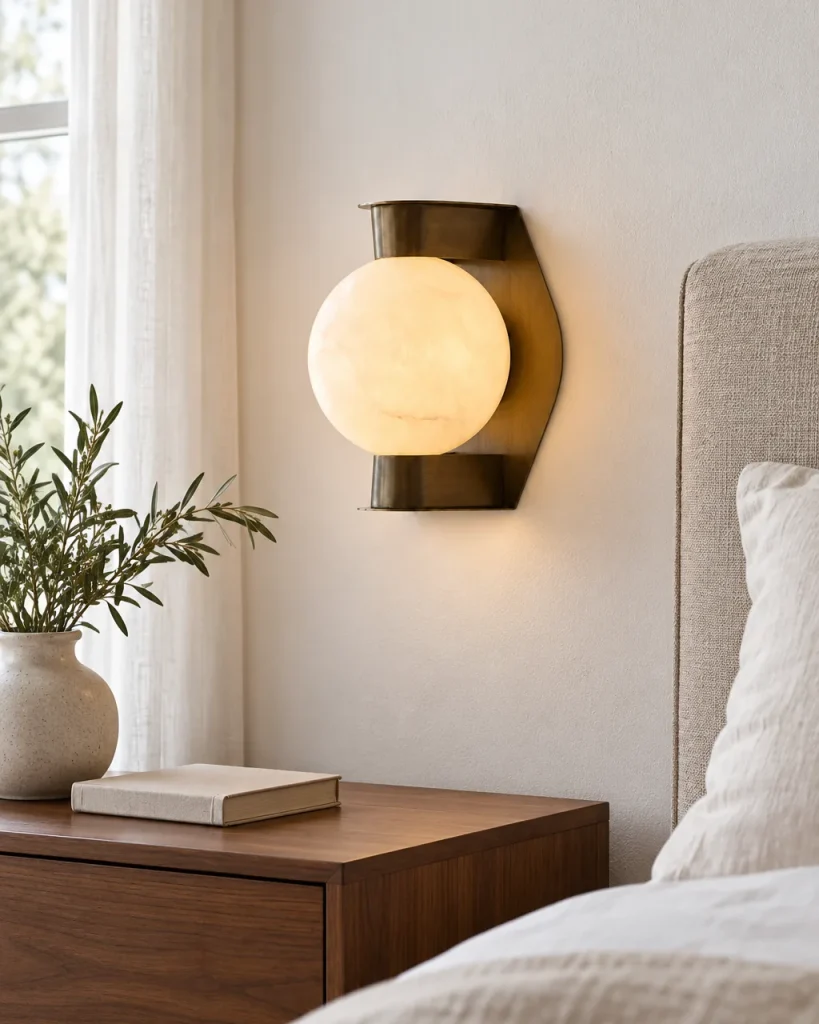 Wandlampe BUDI, Alabasterkugel im Metallrahmen – neben dem Bett im Schlafzimmer, Tageslicht