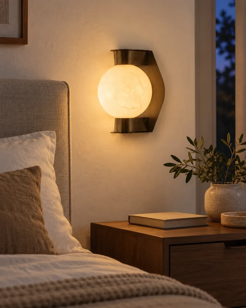 Wandlampe BUDI, Alabasterkugel im Metallrahmen – neben dem Bett im Schlafzimmer, Abendstimmung