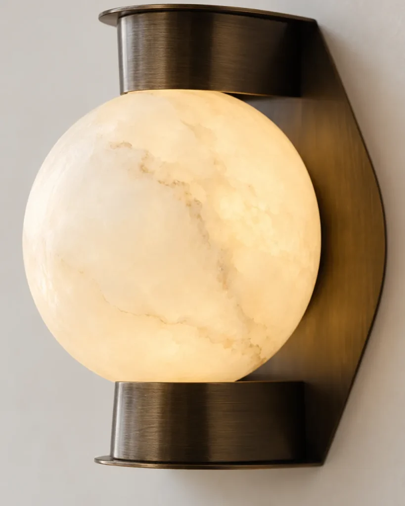 Wandlampe BUDI, Alabasterkugel im Metallrahmen – Detailansicht der Alabasterkugel in der Metallfassung