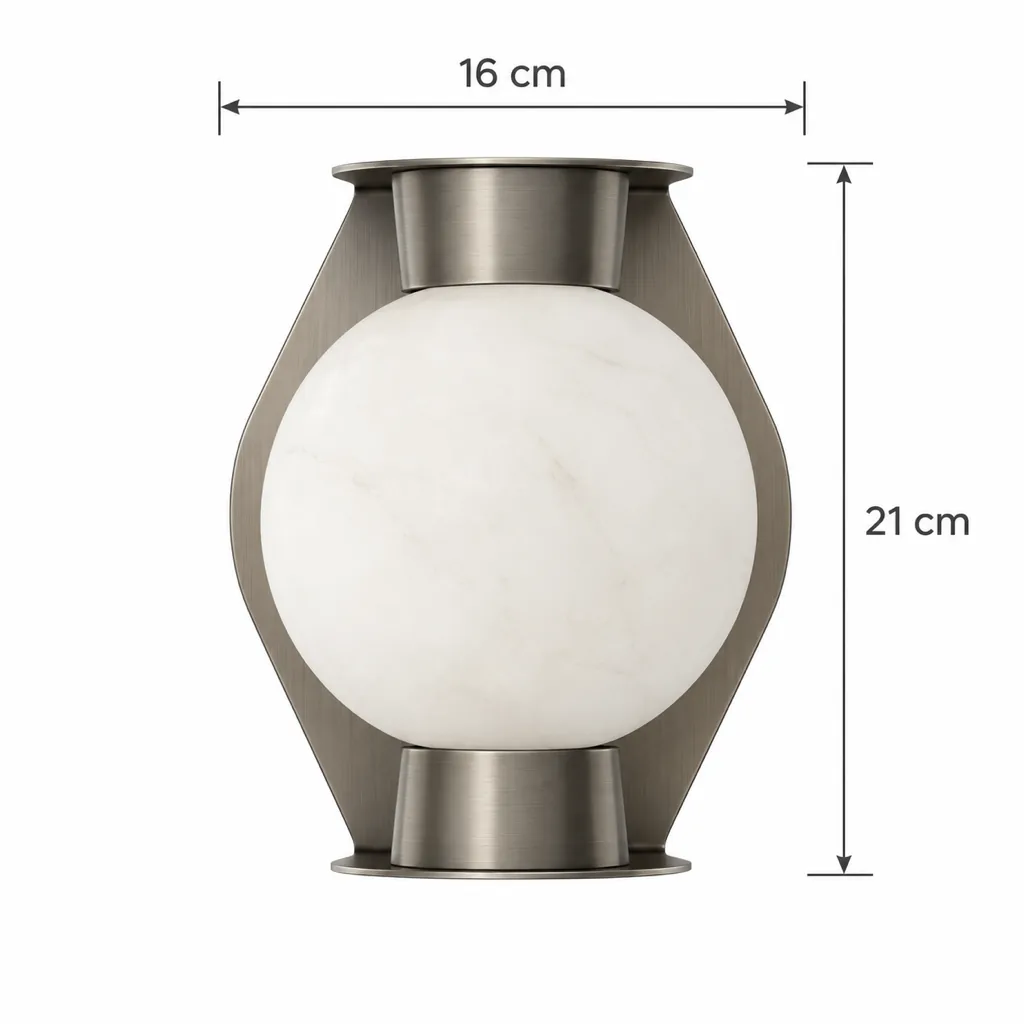 Wandlampe BUDI, Alabasterkugel im Metallrahmen – Masszeichnung 16 × 21 cm