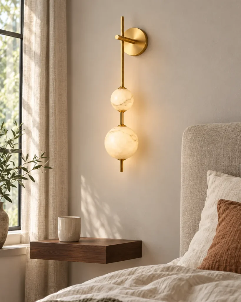 Wandlampe BORVI, Alabasterkugeln an Metallstab, LED – neben dem Bett im Schlafzimmer, Tageslicht