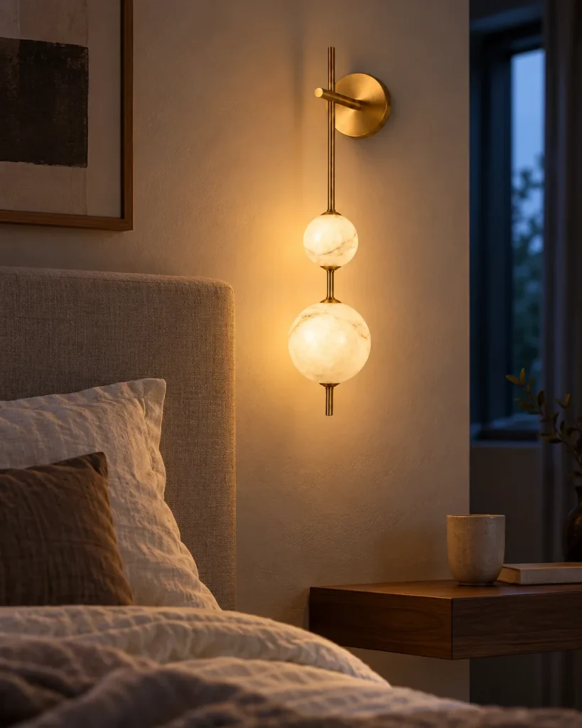 Wandlampe BORVI, Alabasterkugeln an Metallstab, LED – neben dem Bett im Schlafzimmer, Abendstimmung