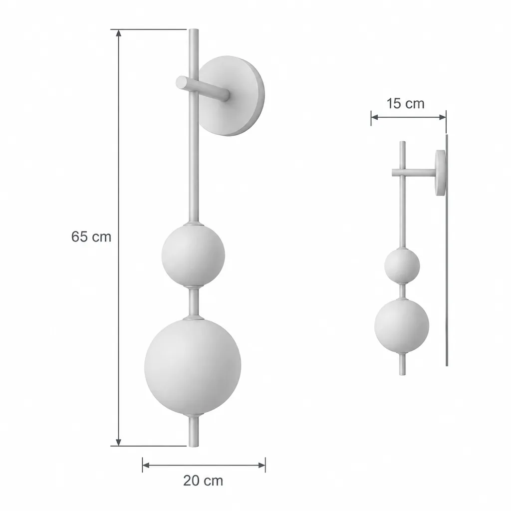 Wandlampe BORVI, Alabasterkugeln an Metallstab, LED – Masszeichnung 2 Kugeln, 65 cm