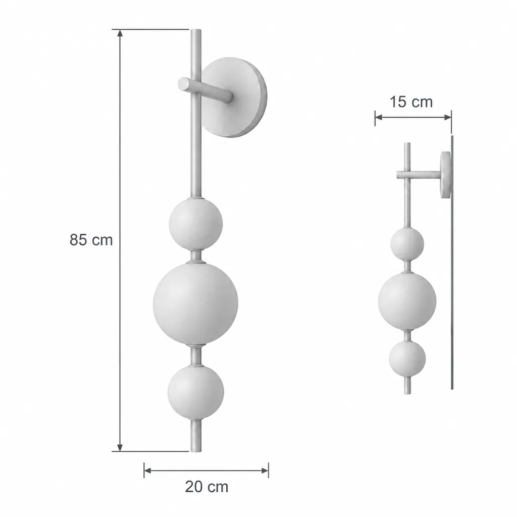 Wandlampe BORVI, Alabasterkugeln an Metallstab, LED – Masszeichnung 3 Kugeln, 85 cm