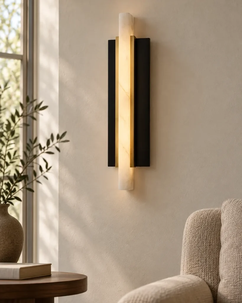 Wandlampe BANSE, Alabaster-Leiste auf Schwarz, LED, IP44 – im Wohnzimmer neben einem Sessel, Tageslicht