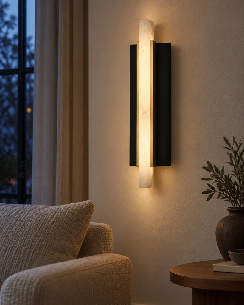 Wandlampe BANSE, Alabaster-Leiste auf Schwarz, LED, IP44 – im Wohnzimmer neben einem Sessel, Abendlicht