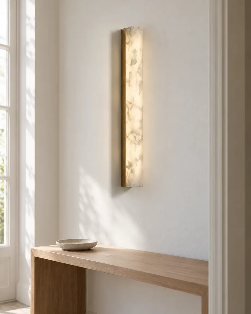 Wandlampe BERGEN, schmale Alabaster-Lichtsäule, LED – im Flur über einer Holzkonsole, Tageslicht
