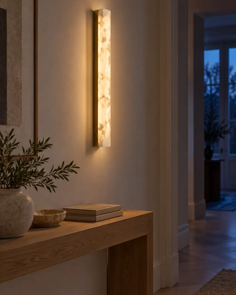 Wandlampe BERGEN, schmale Alabaster-Lichtsäule, LED – im Flur über einer Holzkonsole, Abendlicht