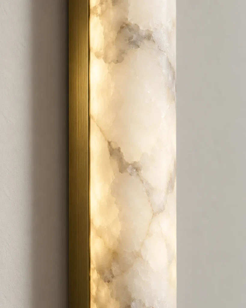 Wandlampe BERGEN, schmale Alabaster-Lichtsäule, LED – Detailansicht der Alabasteradern am Messingprofil