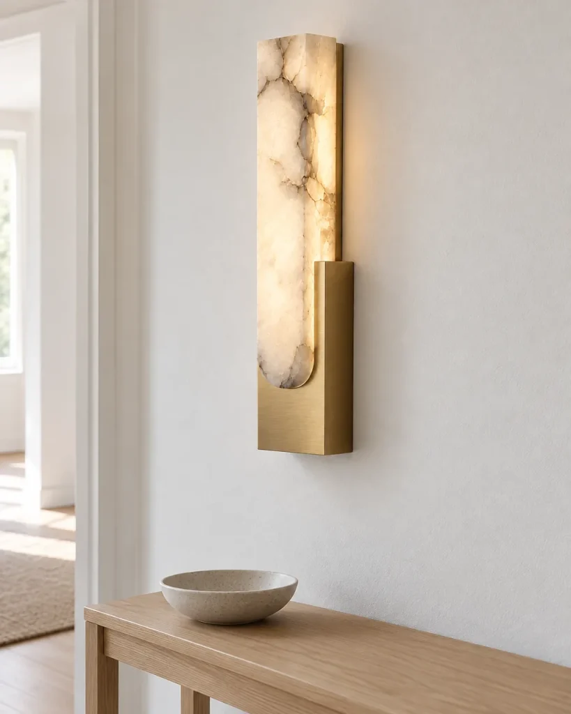 Wandlampe AMPE, Alabasterblock in Metallhalterung, LED – im Flur über einer Holzkonsole, Tageslicht