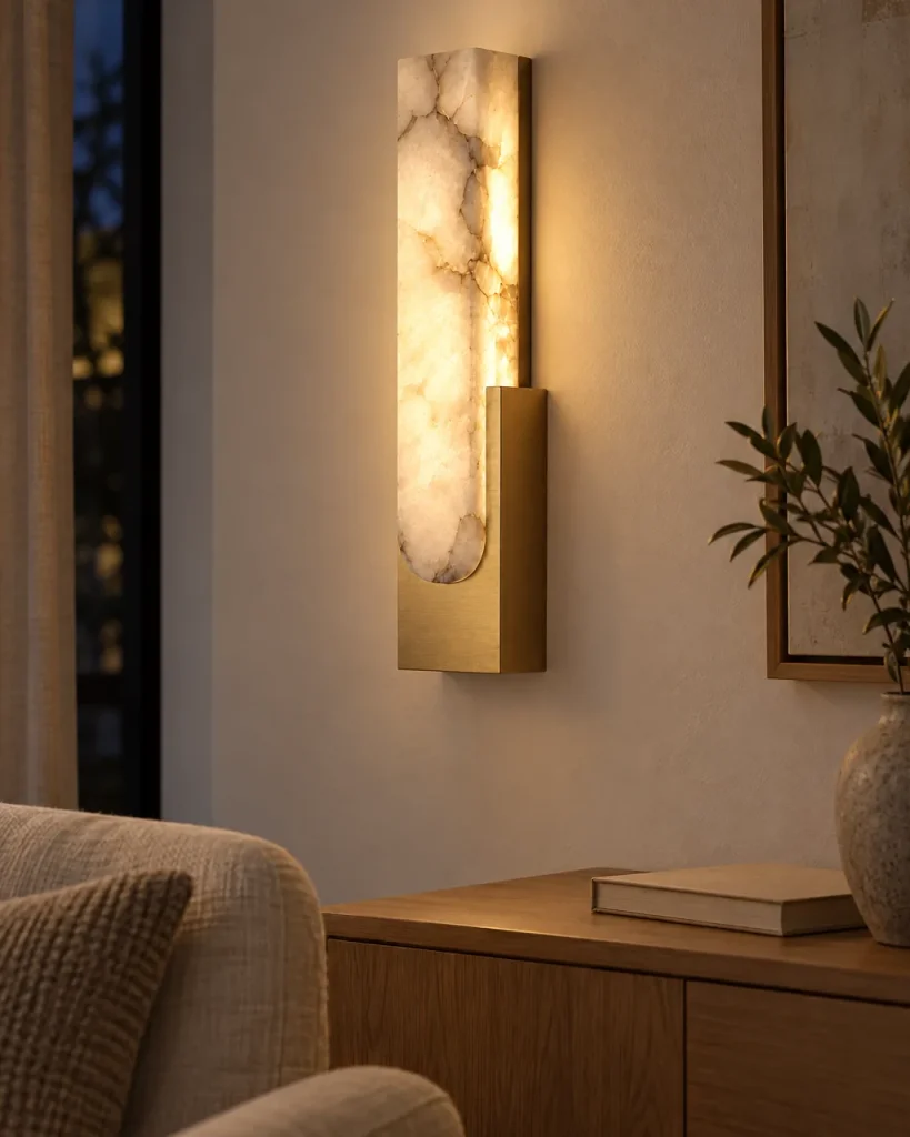 Wandlampe AMPE, Alabasterblock in Metallhalterung, LED – im Wohnzimmer über einem Sideboard, Abendlicht