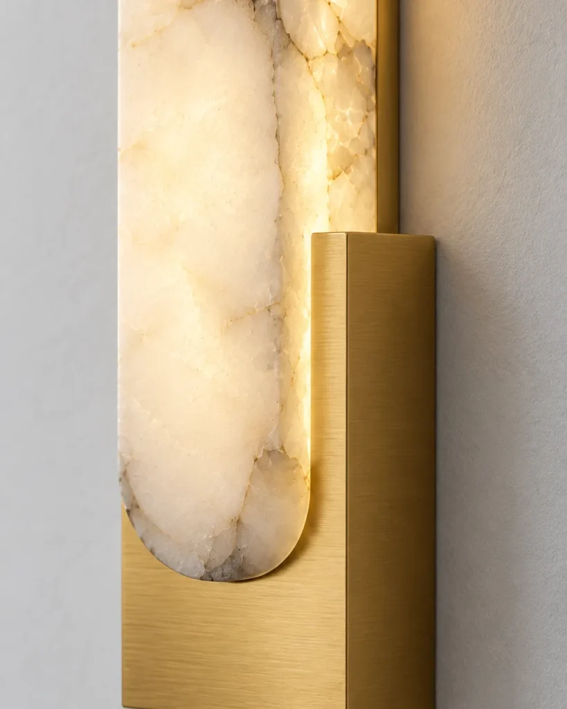 Wandlampe AMPE, Alabasterblock in Metallhalterung, LED – Detailansicht der Alabasteradern und Halterung