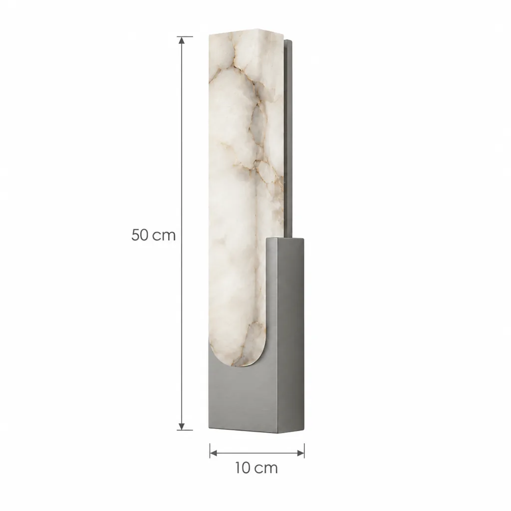 Wandlampe AMPE, Alabasterblock in Metallhalterung, LED – Masszeichnung 50 cm