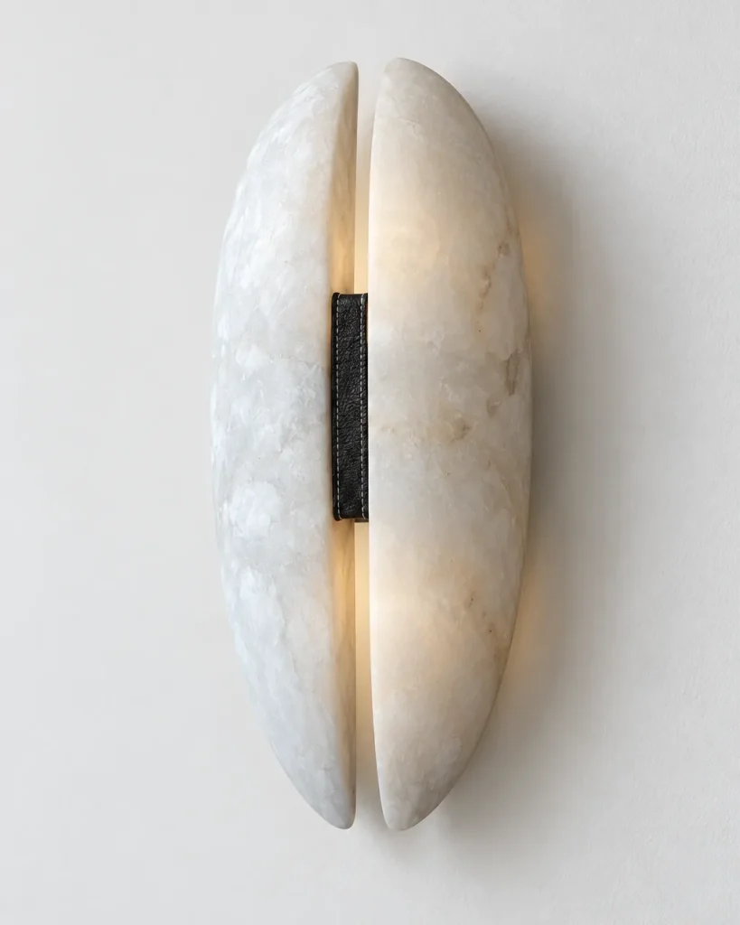 Wandlampe BUZA, Alabaster-Wandleuchte mit Lederlasche – Produktfoto mit Lederlasche, eingeschaltet
