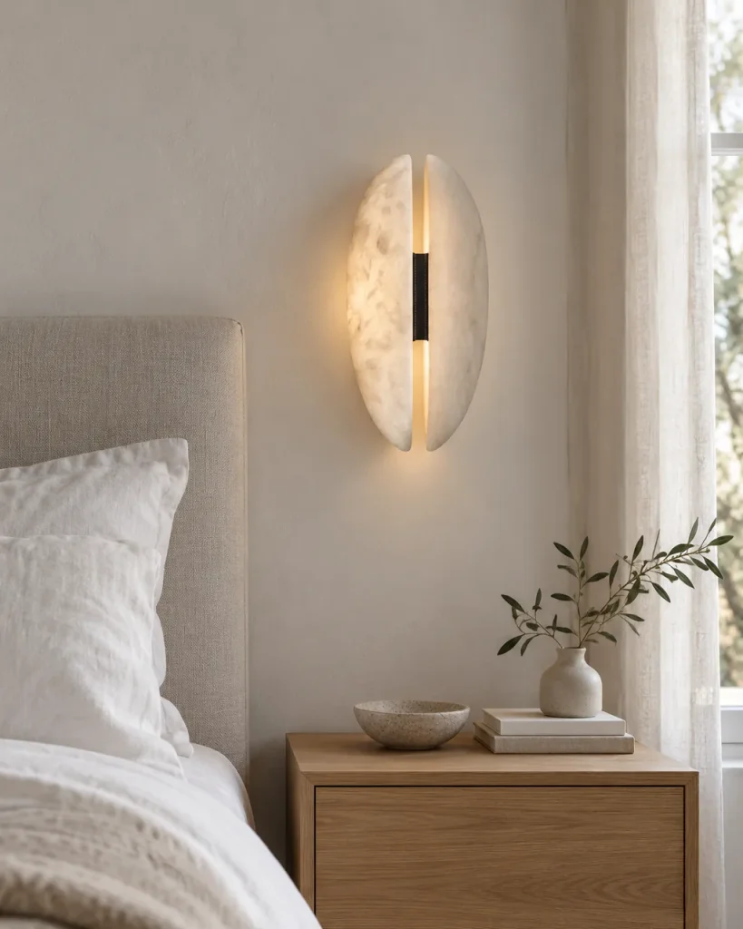 Wandlampe BUZA, Alabaster-Wandleuchte mit Lederlasche – im Schlafzimmer über dem Nachttisch, Tageslicht