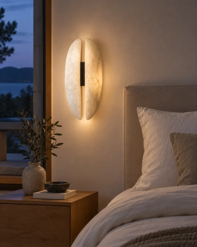 Wandlampe BUZA, Alabaster-Wandleuchte mit Lederlasche – im Schlafzimmer über dem Nachttisch, Abendlicht