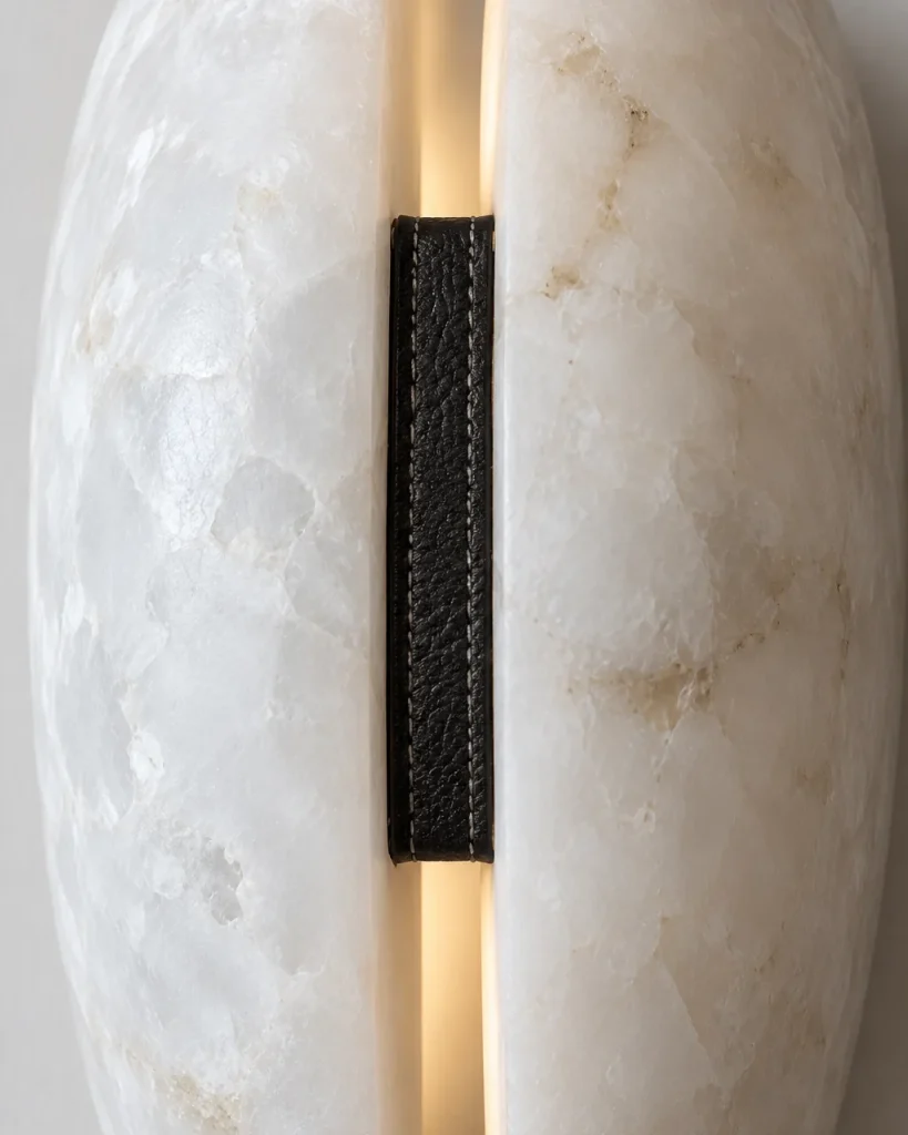 Wandlampe BUZA, Alabaster-Wandleuchte mit Lederlasche – Detailansicht der Alabasterschalen und der gesteppten Lederlasche