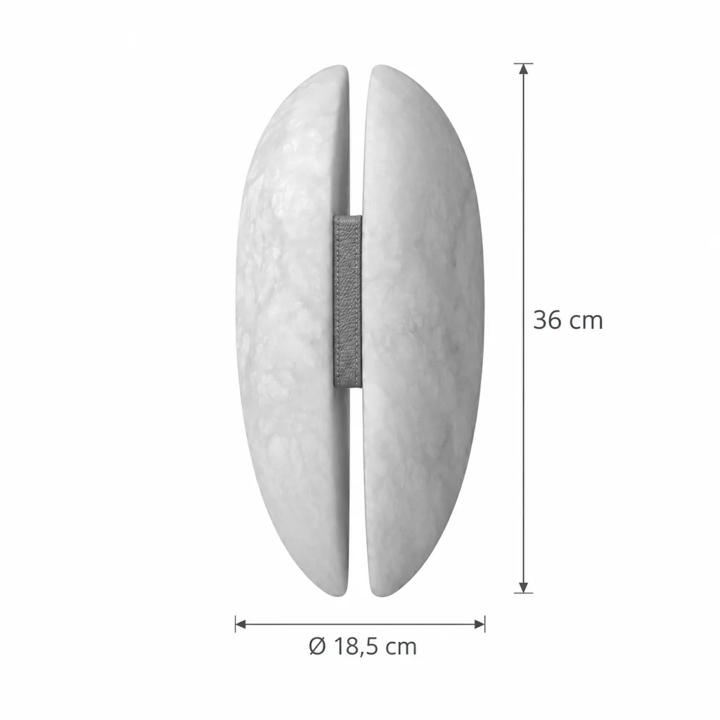 Wandlampe BUZA, Alabaster-Wandleuchte mit Lederlasche – Masszeichnung 36 cm