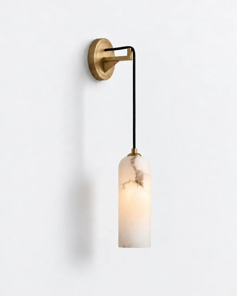 Wandlampe TEVEAR, Alabaster-Wandleuchte mit abgehängtem Zylinder – Gold, Produktfoto
