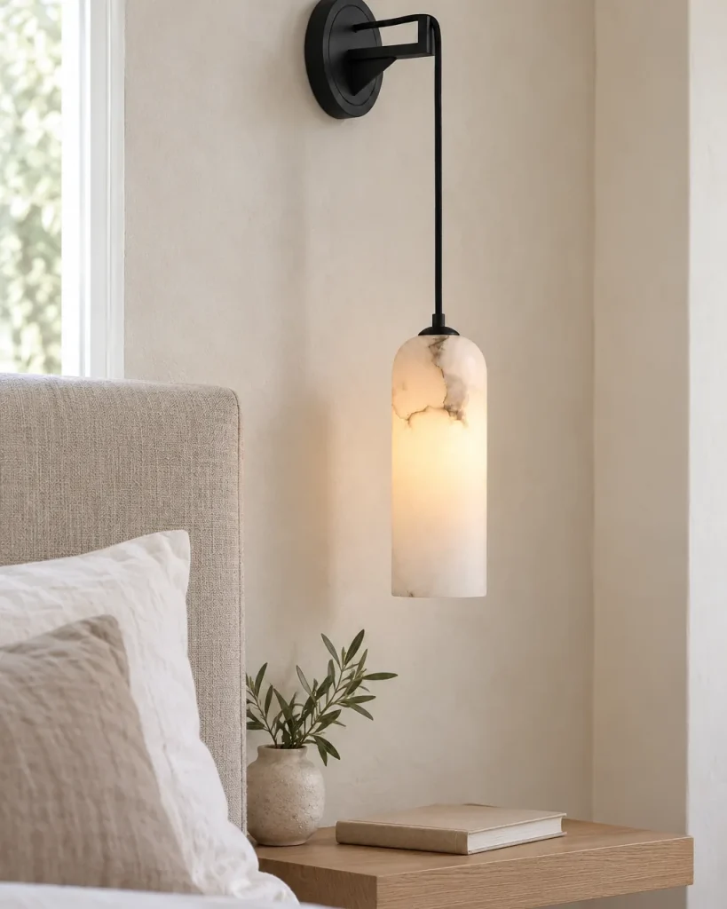 Wandlampe TEVEAR, Alabaster-Wandleuchte mit abgehängtem Zylinder – im Schlafzimmer über dem Nachttisch, Tageslicht