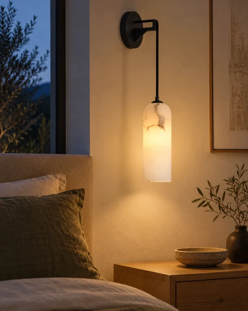 Wandlampe TEVEAR, Alabaster-Wandleuchte mit abgehängtem Zylinder – im Schlafzimmer neben dem Bett, Abendlicht
