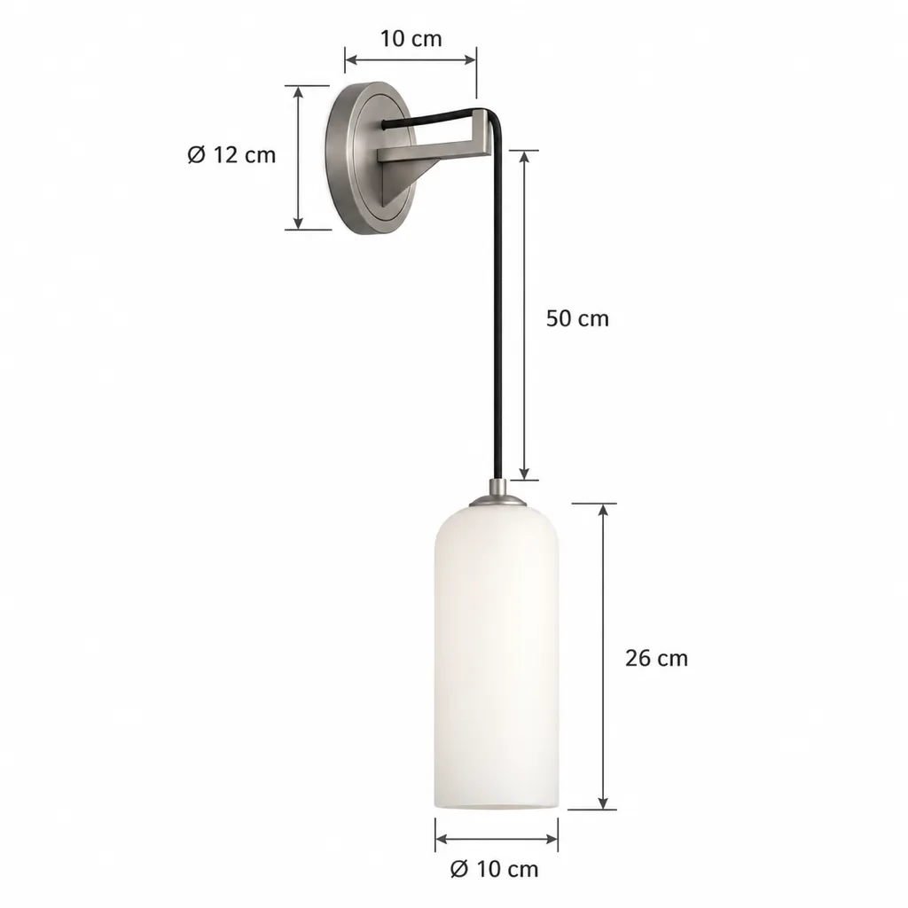 Wandlampe TEVEAR, Alabaster-Wandleuchte mit abgehängtem Zylinder – Masszeichnung Schirm 26 cm, Ø 10 cm, Abhängung 50 cm