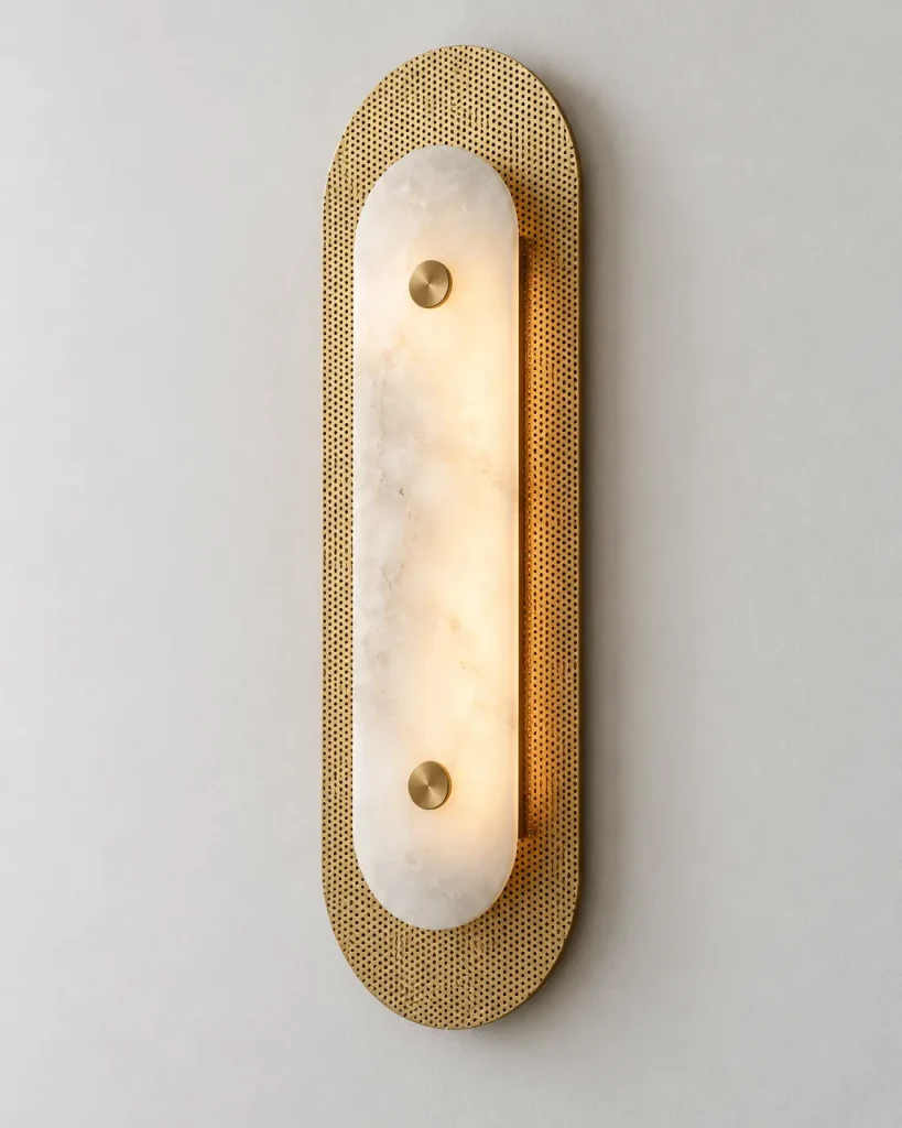 Applique DALCE, lastra di alabastro su ottone forato, LED – alabastro e ottone, foto prodotto