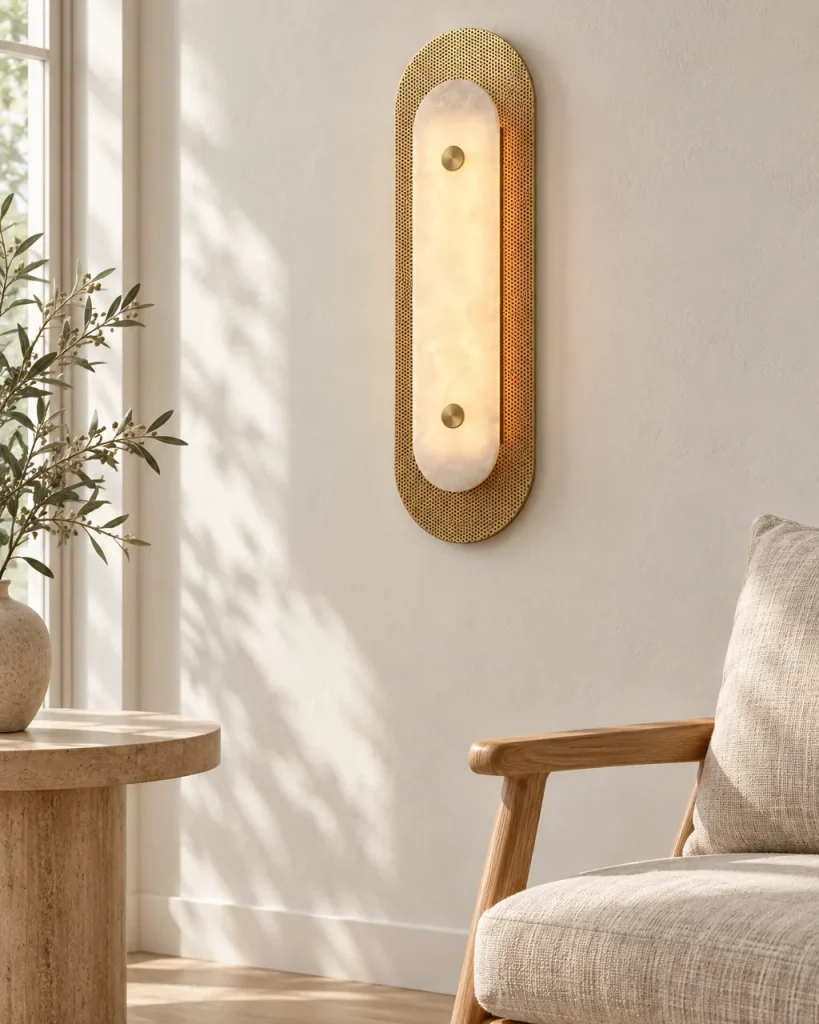 Applique DALCE, lastra di alabastro su ottone forato, LED – in soggiorno accanto a una poltrona da lettura, luce diurna