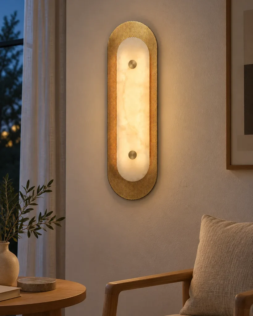 Applique DALCE, lastra di alabastro su ottone forato, LED – in soggiorno accanto a una poltrona da lettura, luce serale
