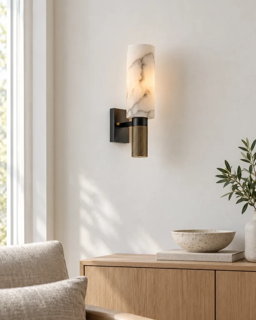 Wandlampe EKO, Alabasterzylinder auf geriffeltem Messing – im Wohnzimmer über einem Holz-Sideboard, Tageslicht