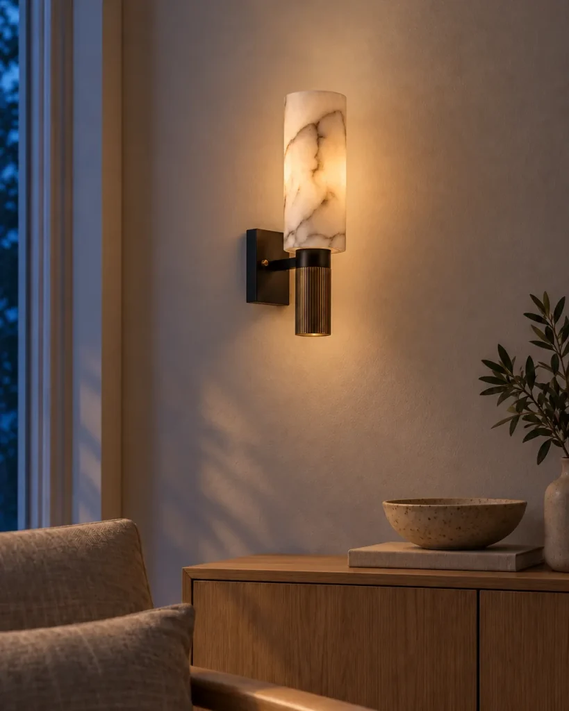 Wandlampe EKO, Alabasterzylinder auf geriffeltem Messing – im Wohnzimmer über einem Holz-Sideboard, Abendlicht