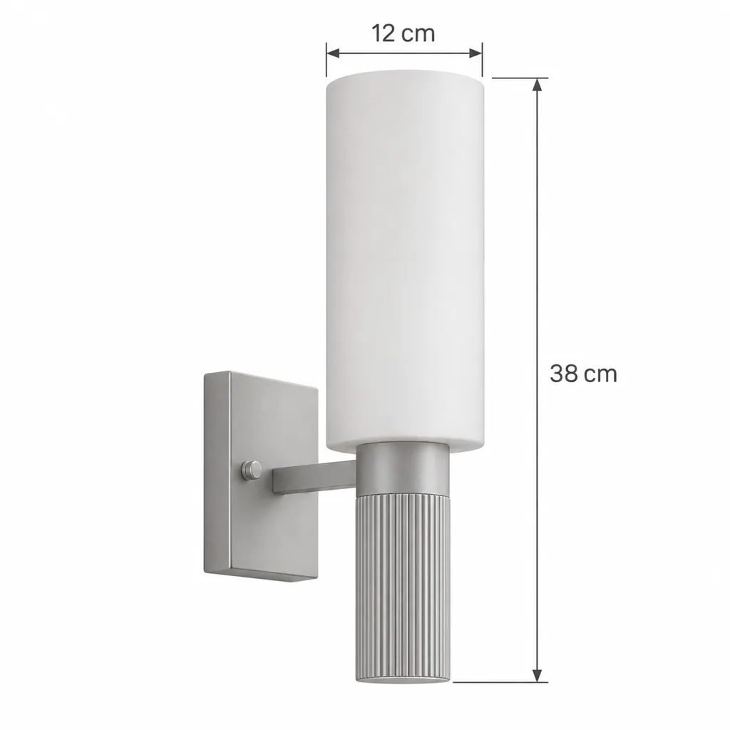 Wandlampe EKO, Alabasterzylinder auf geriffeltem Messing – Masszeichnung 38 cm, Zylinder 12 cm