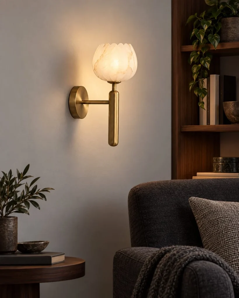 Wandlampe KEXIME, Alabasterleuchte mit floralem Messingarm – Goldfarben in abendlicher Wohnatmosphäre