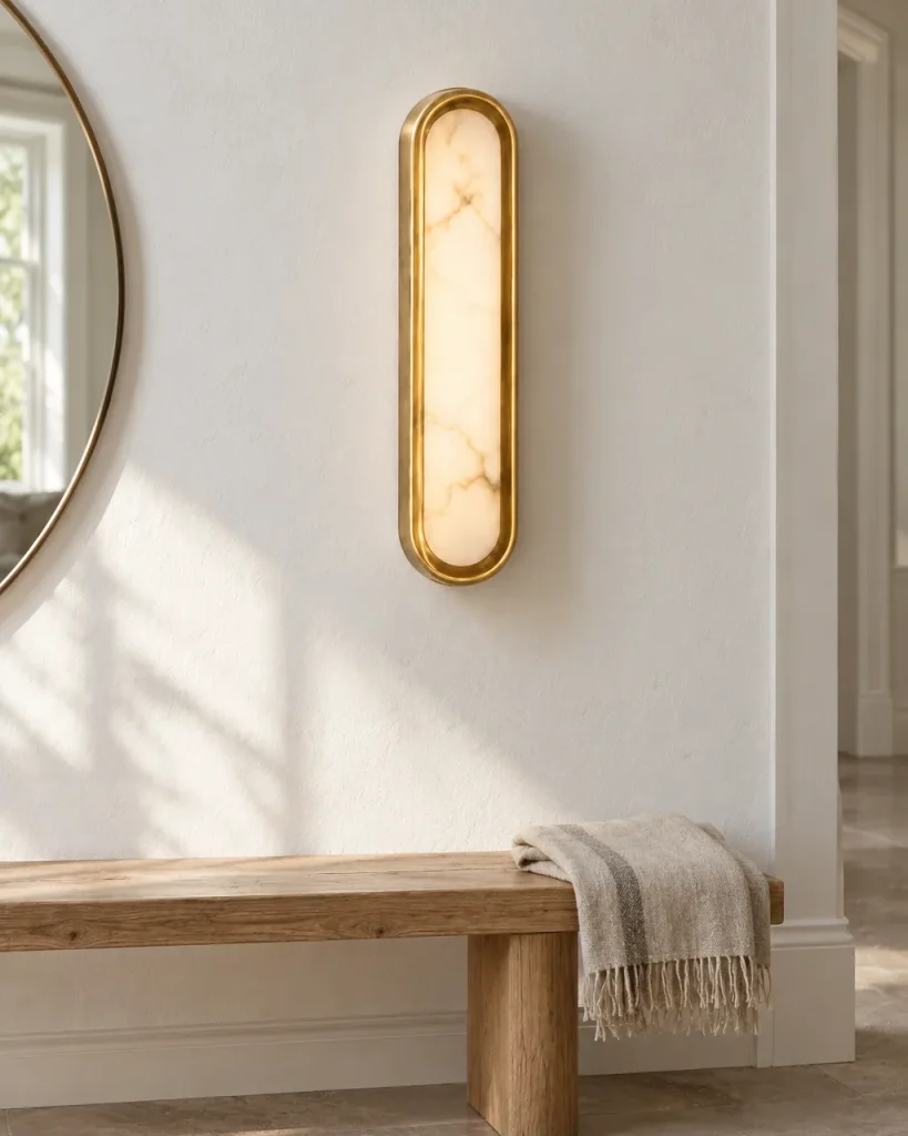 Applique DOLBO, lastra ovale di alabastro con cornice in ottone, LED – all'ingresso sopra una panca in legno, luce diurna